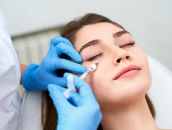 Botox injections being administered to a female patient's face to reduce wrinkles.