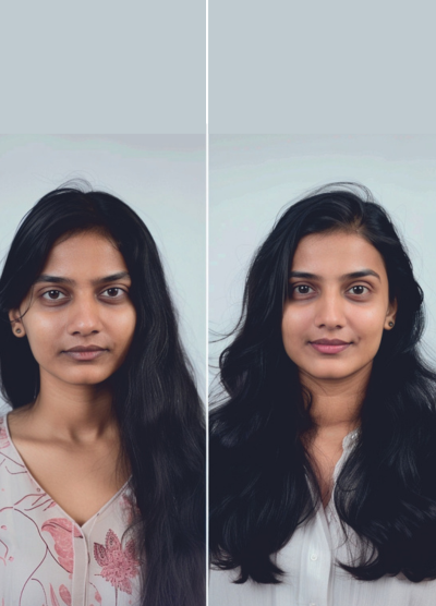 A woman's photo shows two hairstyles, one with short hair and the other with long, flowing hair.