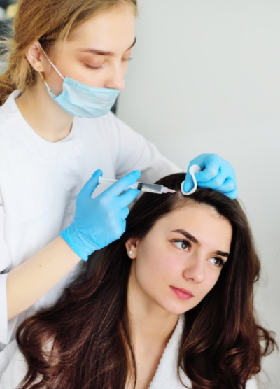 A doctor wearing a mask and gloves gives injections to a patient's head to improve her hair growth.