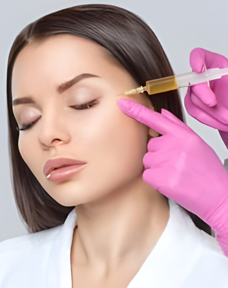 A woman receiving a profibirin injection for her face from skin care experts at a skincare clinic.