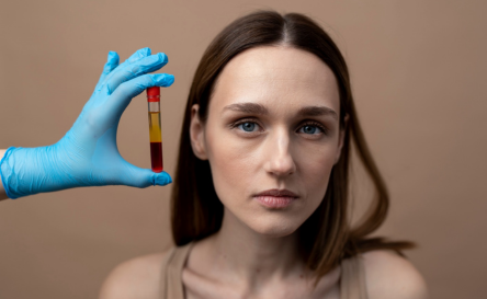 A woman in blue gloves is displaying a blood sample and carefully checking it for profibrin.