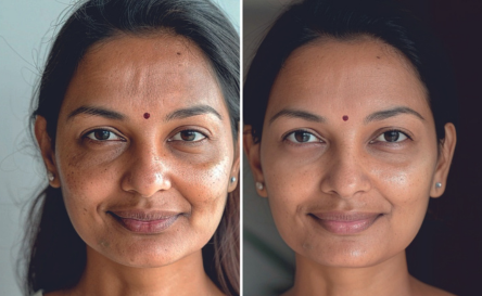 A woman's face transformation before and after receiving a natural PRF skin rejuvenation therapy.