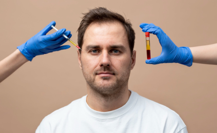 One hand holds a needle and the other holds a PRF tube with a patient blood sample for PRF treatment