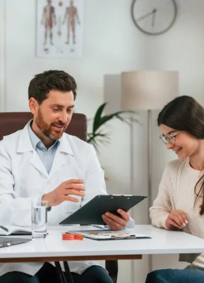 Doctor wearing a white coat explains Pfofibrin's latest technology & treatment methods to a patient.