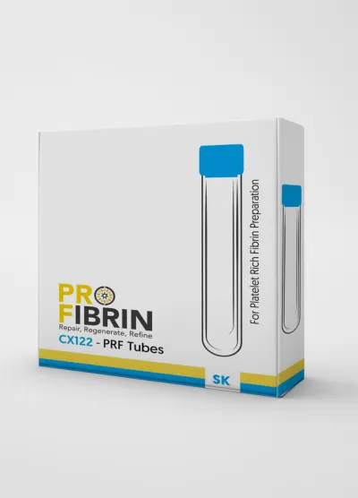 Profibrin's PRF tubes, which are strong and efficient, come in a white pack for in blood collection.