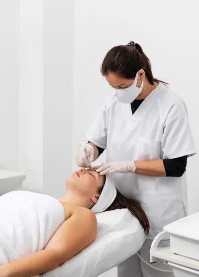 A dermatologist wearing gloves and a mask gives a woman a face treatment to enhance her appearance