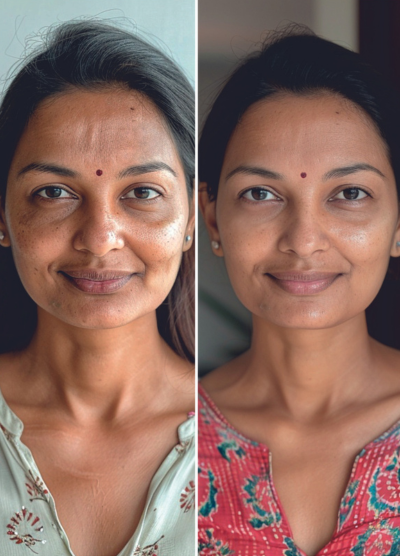 The difference between a woman's face before and after having a natural PRF skin rejuvenationtherapy