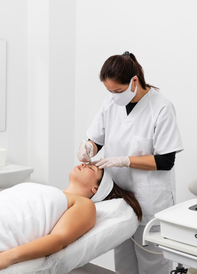 A woman receiving a professional skin care treatment from a skin doctor in a clinical setting.