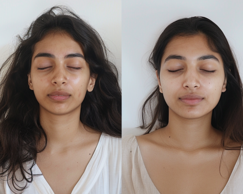 Before and after the treatment of a natural PRF skin rejuvenation procedure on a woman's face.